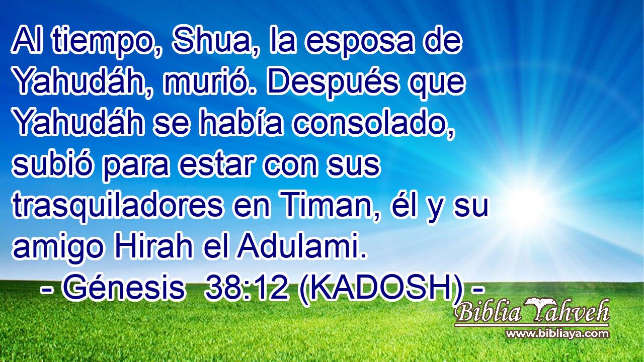  Al tiempo, Shua, la esposa de Yahudáh, murió. Después que Yahudáh se había consolado, subió para estar con sus trasquiladores en Timan, él y su amigo Hirah el Adulami. 