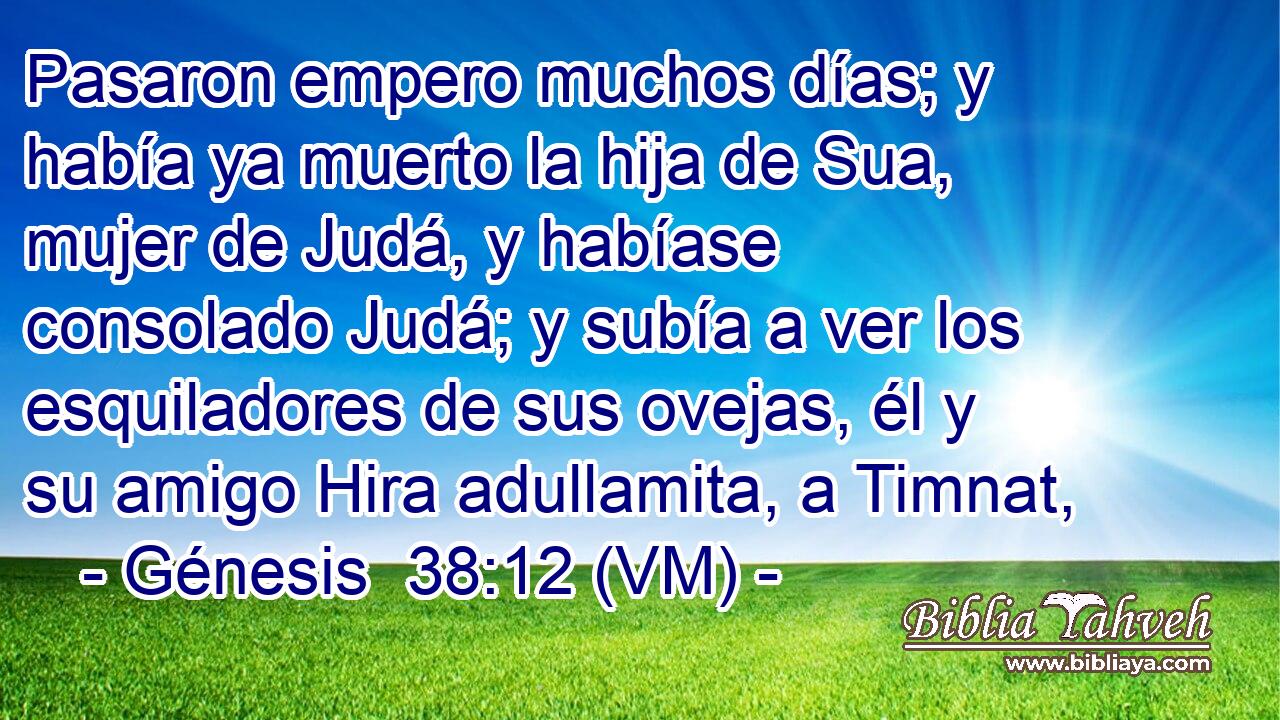  Pasaron empero muchos días; y había ya muerto la hija de Sua, mujer de Judá, y habíase consolado Judá; y subía a ver los esquiladores de sus ovejas, él y su amigo Hira adullamita, a Timnat, 