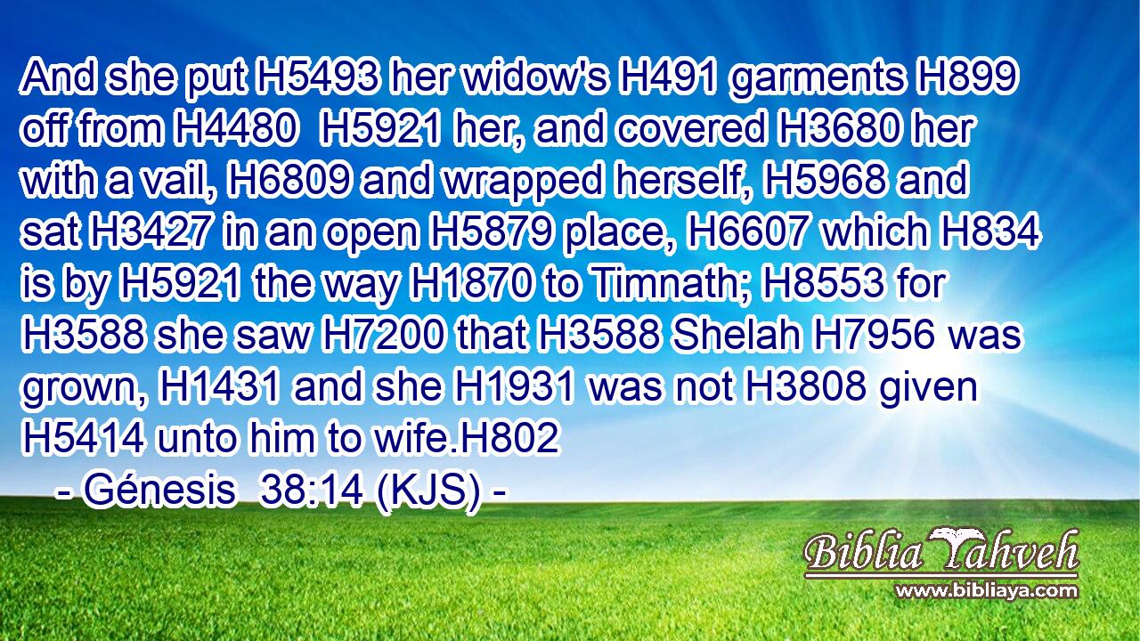 And she put H5493 her widow's H491 garments H899 off from H4480  H5921 her, and covered H3680 her with a vail, H6809 and wrapped herself, H5968 and sat H3427 in an open H5879 place, H6607 which H834 is by H5921 the way H1870 to Timnath; H8553 for H3588 she saw H7200 that H3588 Shelah H7956 was grown, H1431 and she H1931 was not H3808 given H5414 unto him to wife.H802