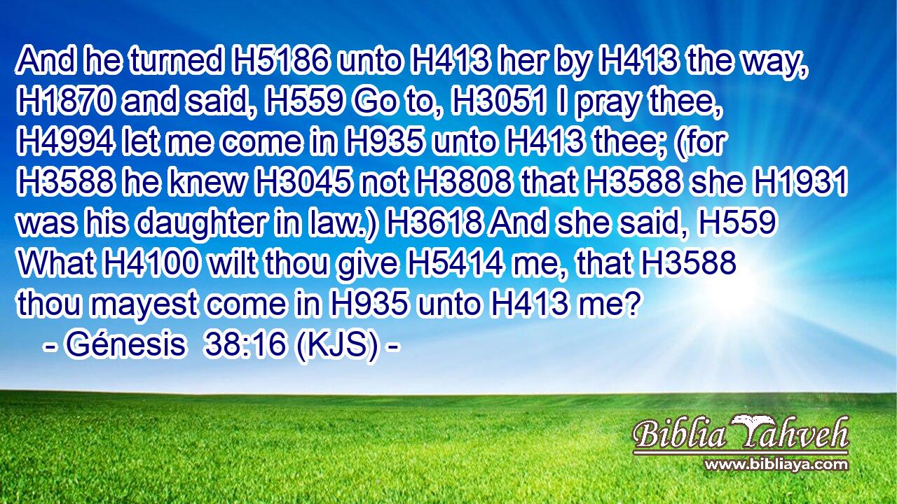 And he turned H5186 unto H413 her by H413 the way, H1870 and said, H559 Go to, H3051 I pray thee, H4994 let me come in H935 unto H413 thee; (for H3588 he knew H3045 not H3808 that H3588 she H1931 was his daughter in law.) H3618 And she said, H559 What H4100 wilt thou give H5414 me, that H3588 thou mayest come in H935 unto H413 me?