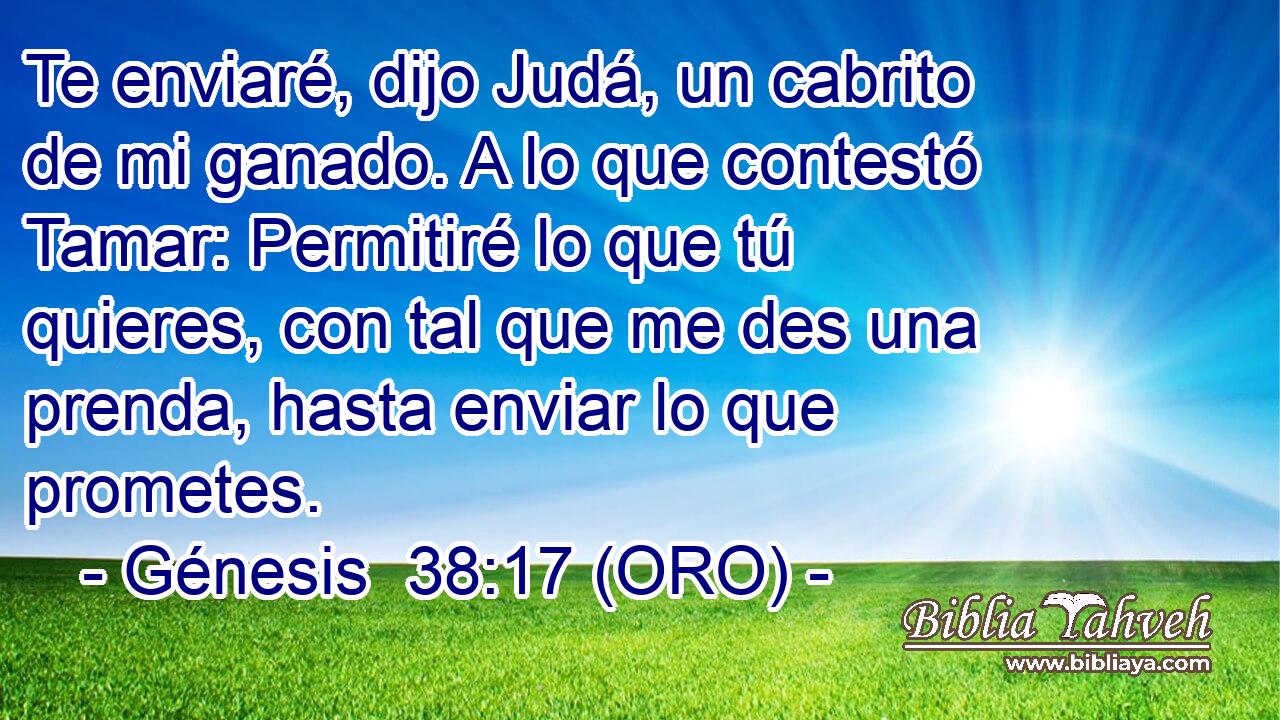  Te enviaré, dijo Judá, un cabrito de mi ganado. A lo que contestó Tamar: Permitiré lo que tú quieres, con tal que me des una prenda, hasta enviar lo que prometes. 