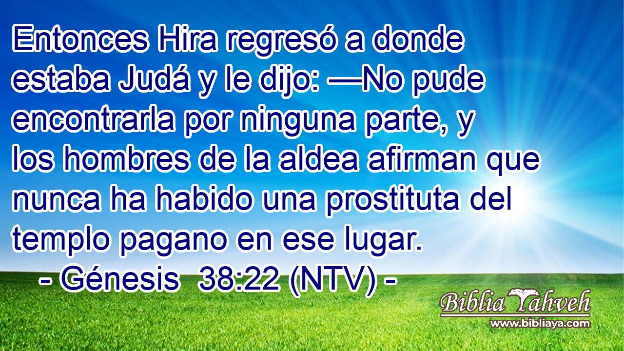 Entonces Hira regresó a donde estaba Judá y le dijo: —No pude encontrarla por ninguna parte, y los hombres de la aldea afirman que nunca ha habido una prostituta del templo pagano en ese lugar.