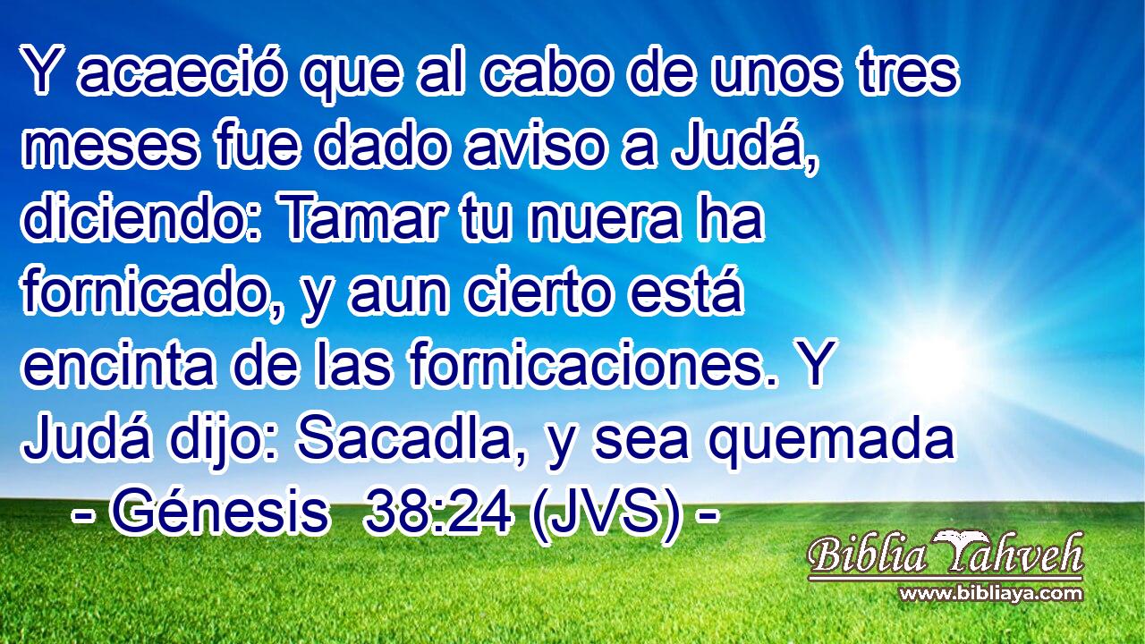 Y acaeció que al cabo de unos tres meses fue dado aviso a Judá, diciendo: Tamar tu nuera ha fornicado, y aun cierto está encinta de las fornicaciones. Y Judá dijo: Sacadla, y sea quemada