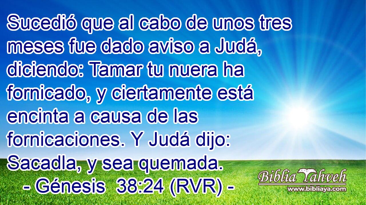 Sucedió que al cabo de unos tres meses fue dado aviso a Judá, diciendo: Tamar tu nuera ha fornicado, y ciertamente está encinta a causa de las fornicaciones. Y Judá dijo: Sacadla, y sea quemada.