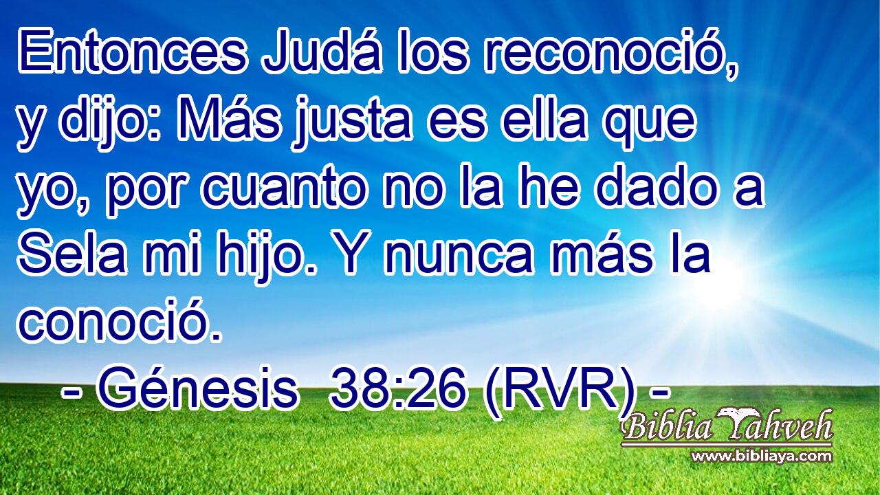 Entonces Judá los reconoció, y dijo: Más justa es ella que yo, por cuanto no la he dado a Sela mi hijo. Y nunca más la conoció.