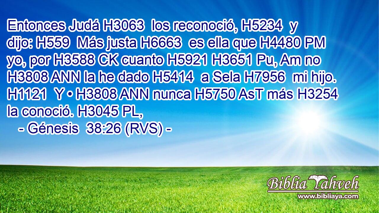 Entonces Judá H3063  los reconoció, H5234  y dijo: H559  Más justa H6663  es ella que H4480 PM yo, por H3588 CK cuanto H5921 H3651 Pu, Am no H3808 ANN la he dado H5414  a Sela H7956  mi hijo. H1121  Y • H3808 ANN nunca H5750 AsT más H3254  la conoció. H3045 PL,  