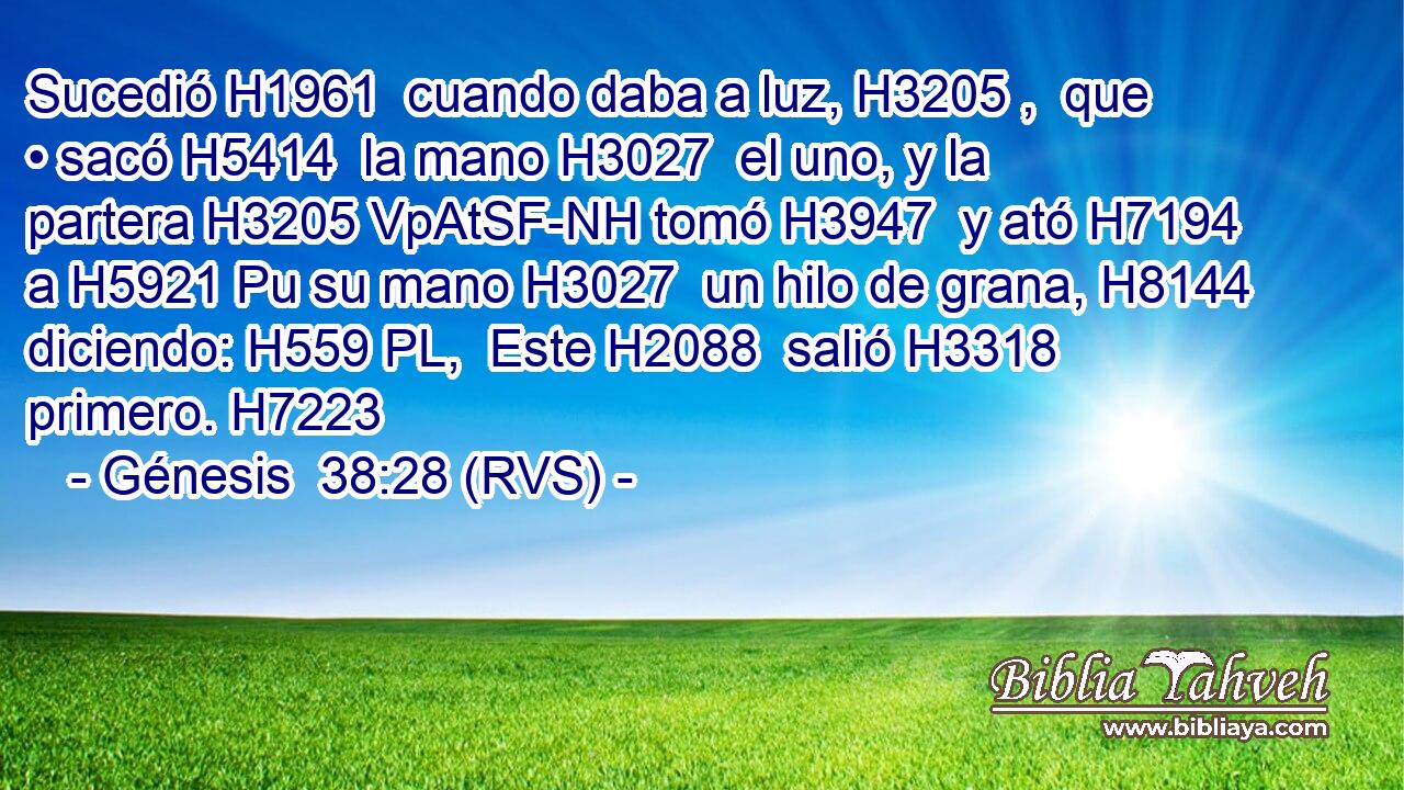 Sucedió H1961  cuando daba a luz, H3205 ,  que • sacó H5414  la mano H3027  el uno, y la partera H3205 VpAtSF-NH tomó H3947  y ató H7194  a H5921 Pu su mano H3027  un hilo de grana, H8144  diciendo: H559 PL,  Este H2088  salió H3318  primero. H7223  