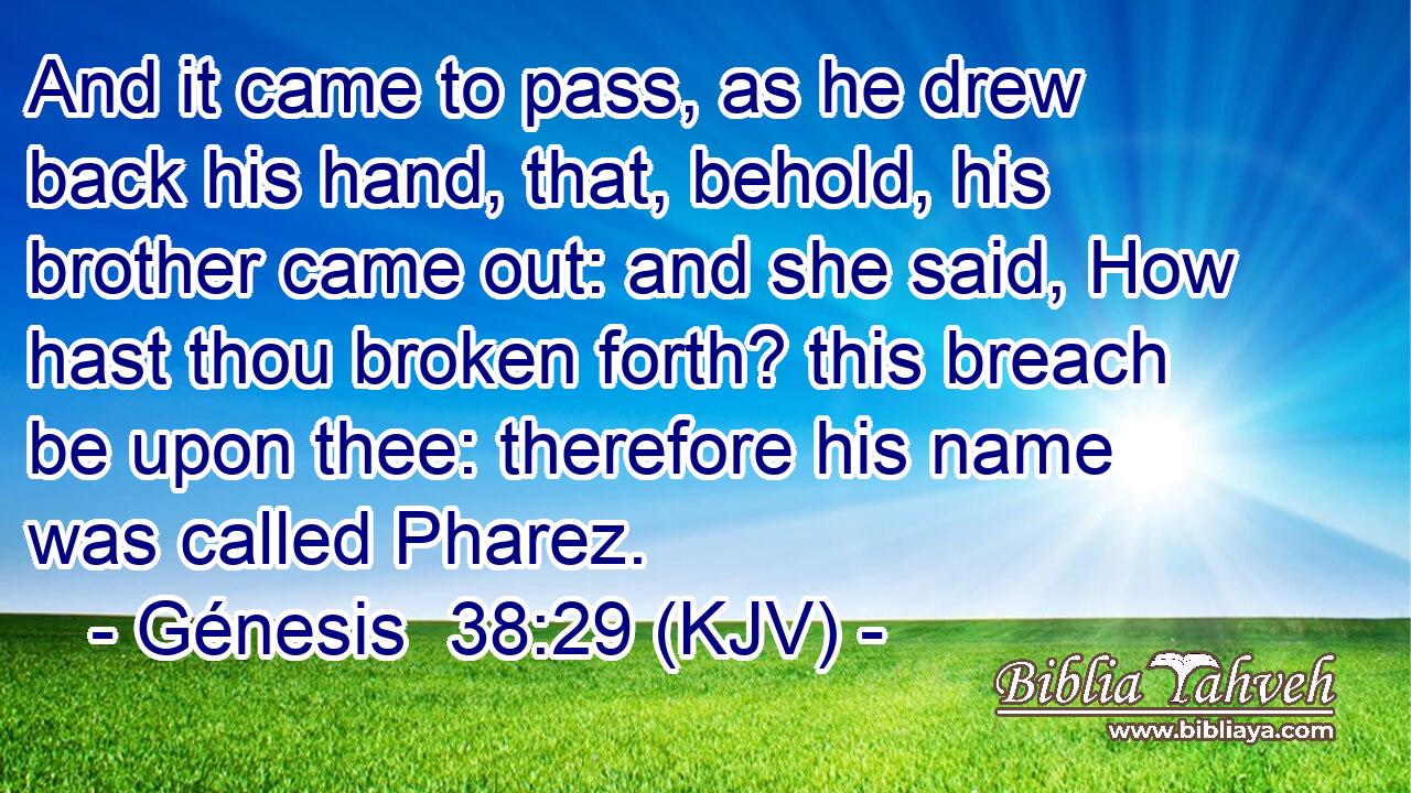 And it came to pass, as he drew back his hand, that, behold, his brother came out: and she said, How hast thou broken forth? this breach be upon thee: therefore his name was called Pharez.