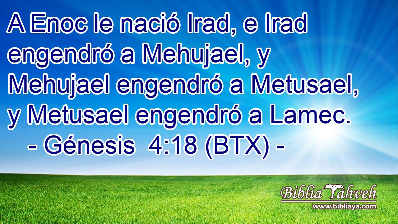A Enoc le nació Irad, e Irad engendró a Mehujael, y Mehujael engendró a Metusael, y Metusael engendró a Lamec.