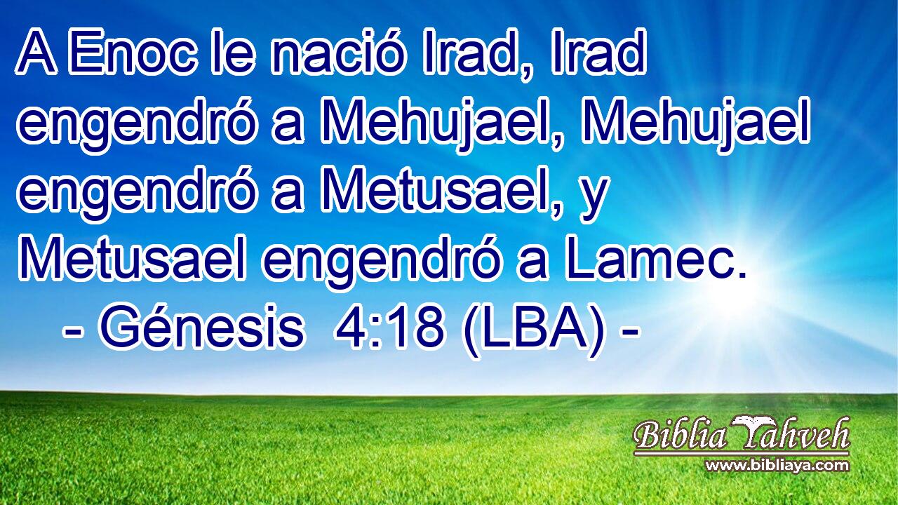 A Enoc le nació Irad, Irad engendró a Mehujael, Mehujael engendró a Metusael, y Metusael engendró a Lamec.