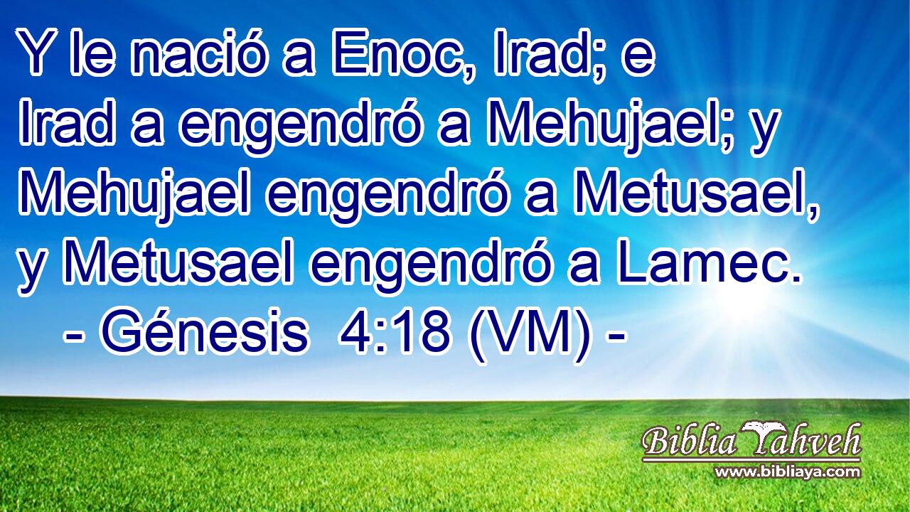  Y le nació a Enoc, Irad; e Irad a engendró a Mehujael; y Mehujael engendró a Metusael, y Metusael engendró a Lamec. 