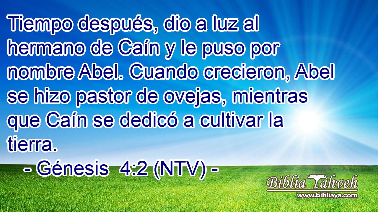 Tiempo después, dio a luz al hermano de Caín y le puso por nombre Abel. Cuando crecieron, Abel se hizo pastor de ovejas, mientras que Caín se dedicó a cultivar la tierra.