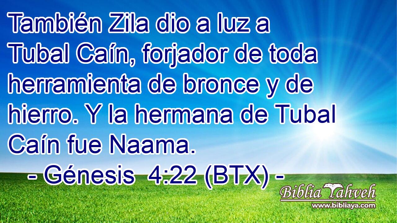 También Zila dio a luz a Tubal Caín, forjador de toda herramienta de bronce y de hierro. Y la hermana de Tubal Caín fue Naama.