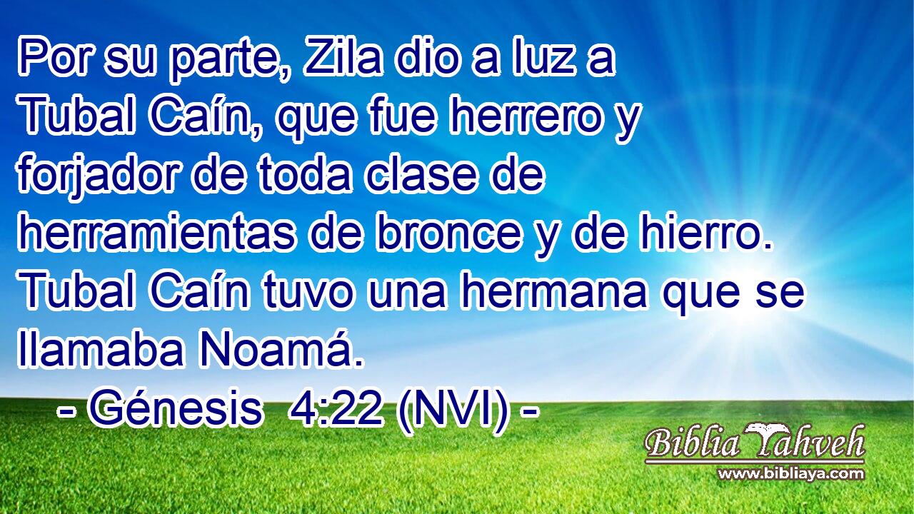  Por su parte, Zila dio a luz a Tubal Caín, que fue herrero y forjador de toda clase de herramientas de bronce y de hierro. Tubal Caín tuvo una hermana que se llamaba Noamá. 
