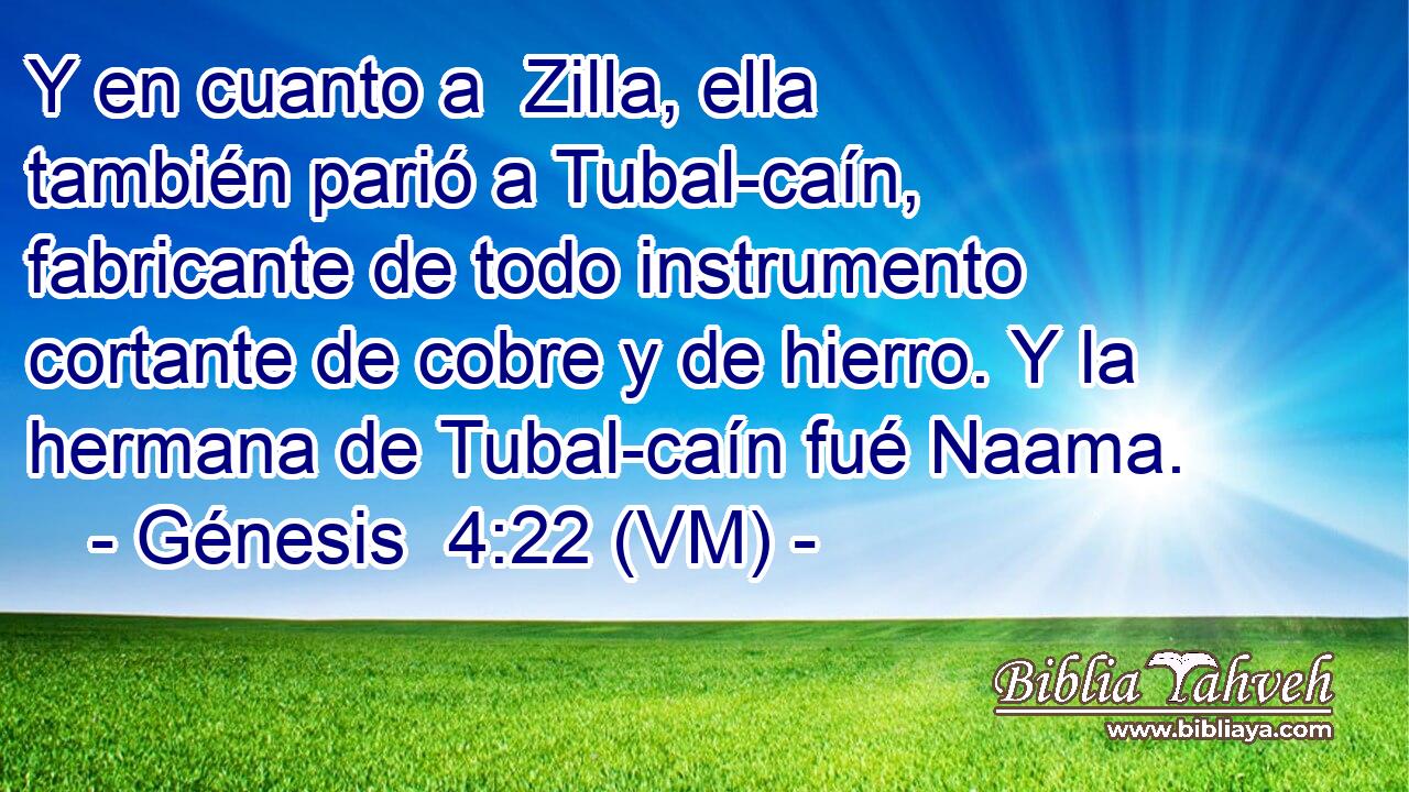  Y en cuanto a  Zilla, ella también parió a Tubal-caín, fabricante de todo instrumento cortante de cobre y de hierro. Y la hermana de Tubal-caín fué Naama. 