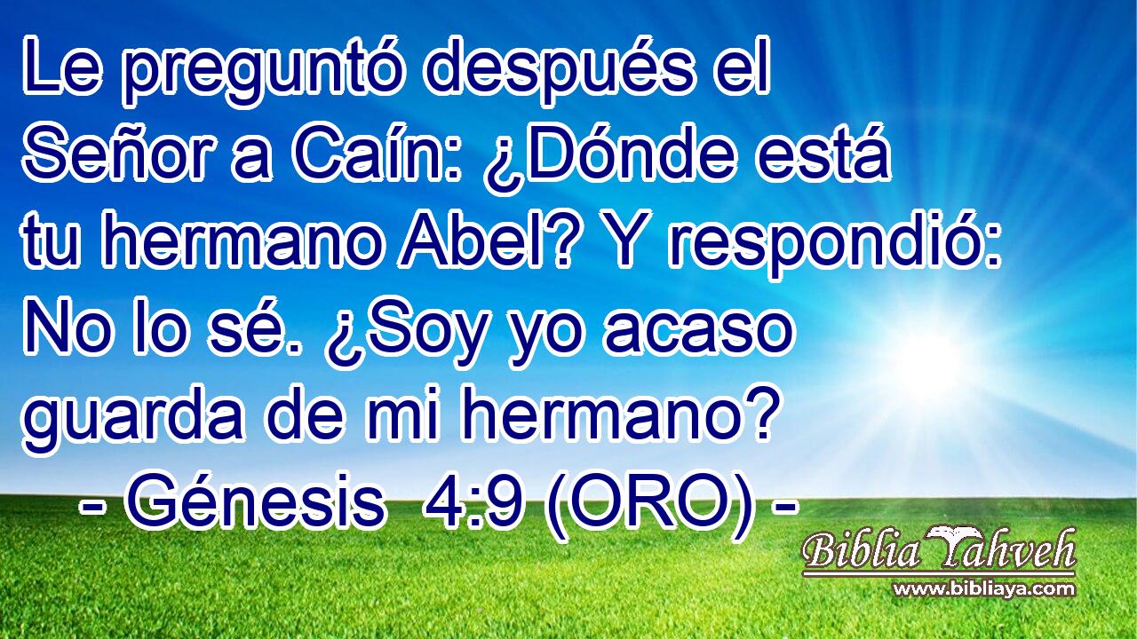  Le preguntó después el Señor a Caín: ¿Dónde está tu hermano Abel? Y respondió: No lo sé. ¿Soy yo acaso guarda de mi hermano? 
