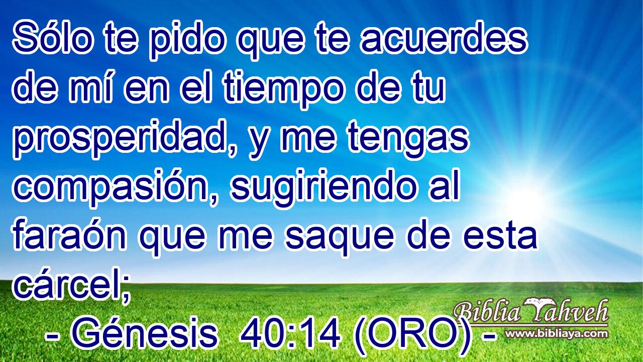  Sólo te pido que te acuerdes de mí en el tiempo de tu prosperidad, y me tengas compasión, sugiriendo al faraón que me saque de esta cárcel; 