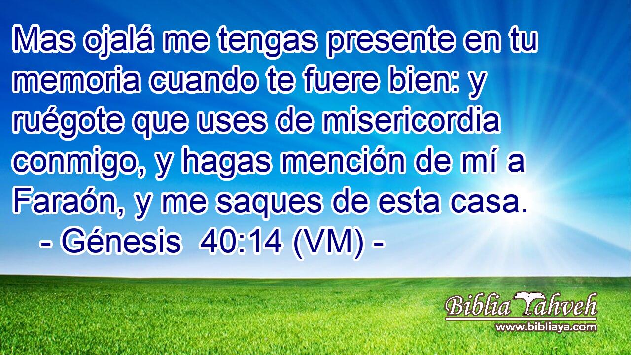  Mas ojalá me tengas presente en tu memoria cuando te fuere bien: y ruégote que uses de misericordia conmigo, y hagas mención de mí a Faraón, y me saques de esta casa. 
