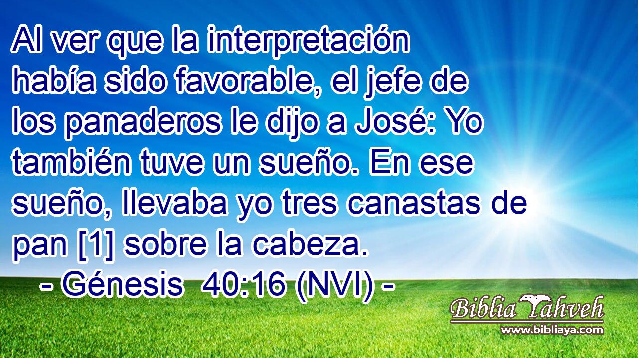  Al ver que la interpretación había sido favorable, el jefe de los panaderos le dijo a José: Yo también tuve un sueño. En ese sueño, llevaba yo tres canastas de pan [1] sobre la cabeza. 