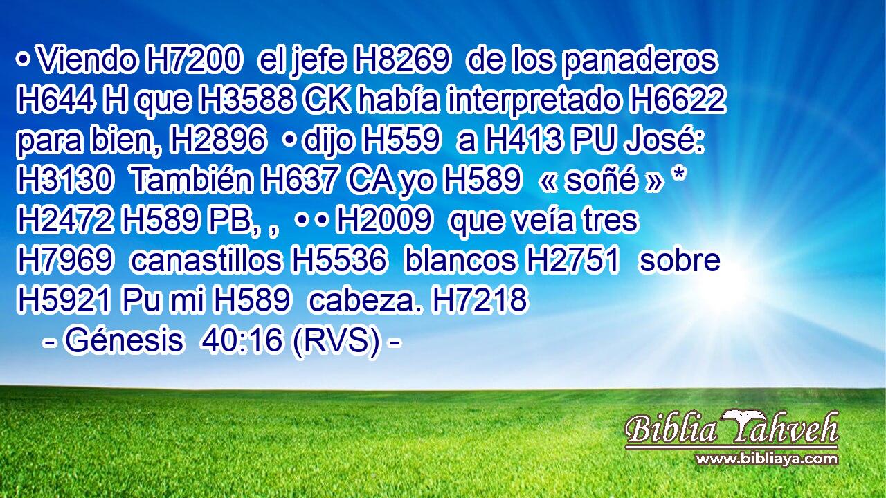 • Viendo H7200  el jefe H8269  de los panaderos H644 H que H3588 CK había interpretado H6622  para bien, H2896  • dijo H559  a H413 PU José: H3130  También H637 CA yo H589  « soñé » * H2472 H589 PB, ,  • • H2009  que veía tres H7969  canastillos H5536  blancos H2751  sobre H5921 Pu mi H589  cabeza. H7218  