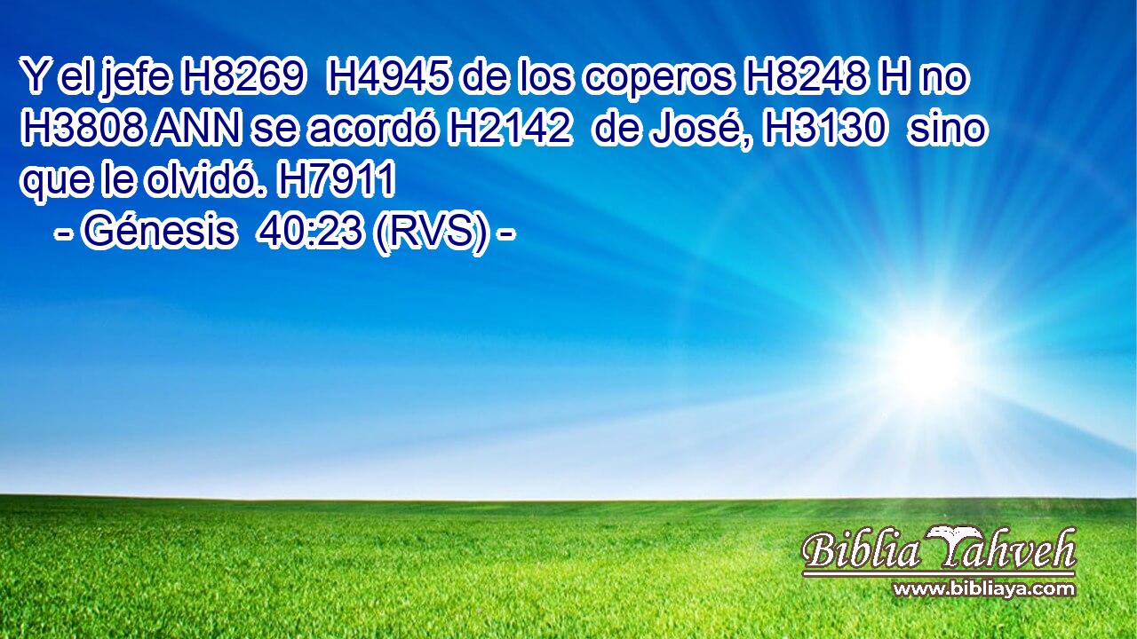 Y el jefe H8269  H4945 de los coperos H8248 H no H3808 ANN se acordó H2142  de José, H3130  sino que le olvidó. H7911  