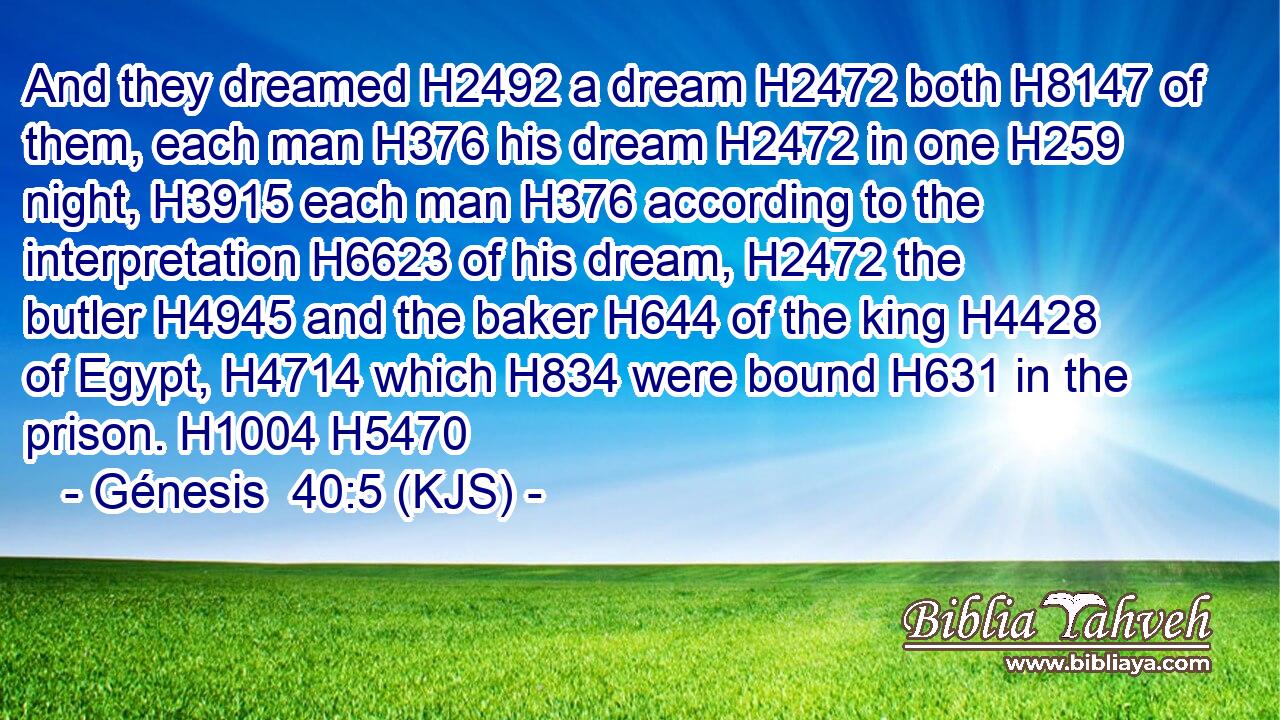 And they dreamed H2492 a dream H2472 both H8147 of them, each man H376 his dream H2472 in one H259 night, H3915 each man H376 according to the interpretation H6623 of his dream, H2472 the butler H4945 and the baker H644 of the king H4428 of Egypt, H4714 which H834 were bound H631 in the prison. H1004 H5470
