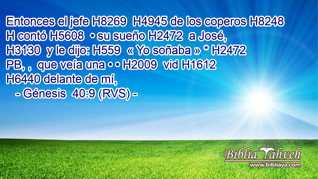 Entonces el jefe H8269  H4945 de los coperos H8248 H contó H5608  • su sueño H2472  a José, H3130  y le dijo: H559  « Yo soñaba » * H2472 PB, ,  que veía una • • H2009  vid H1612  H6440 delante de mí, 