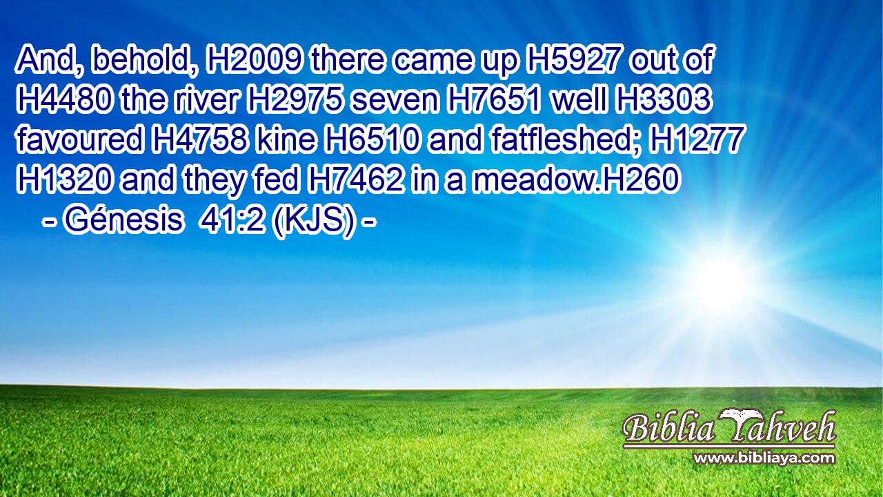 And, behold, H2009 there came up H5927 out of H4480 the river H2975 seven H7651 well H3303 favoured H4758 kine H6510 and fatfleshed; H1277  H1320 and they fed H7462 in a meadow.H260
