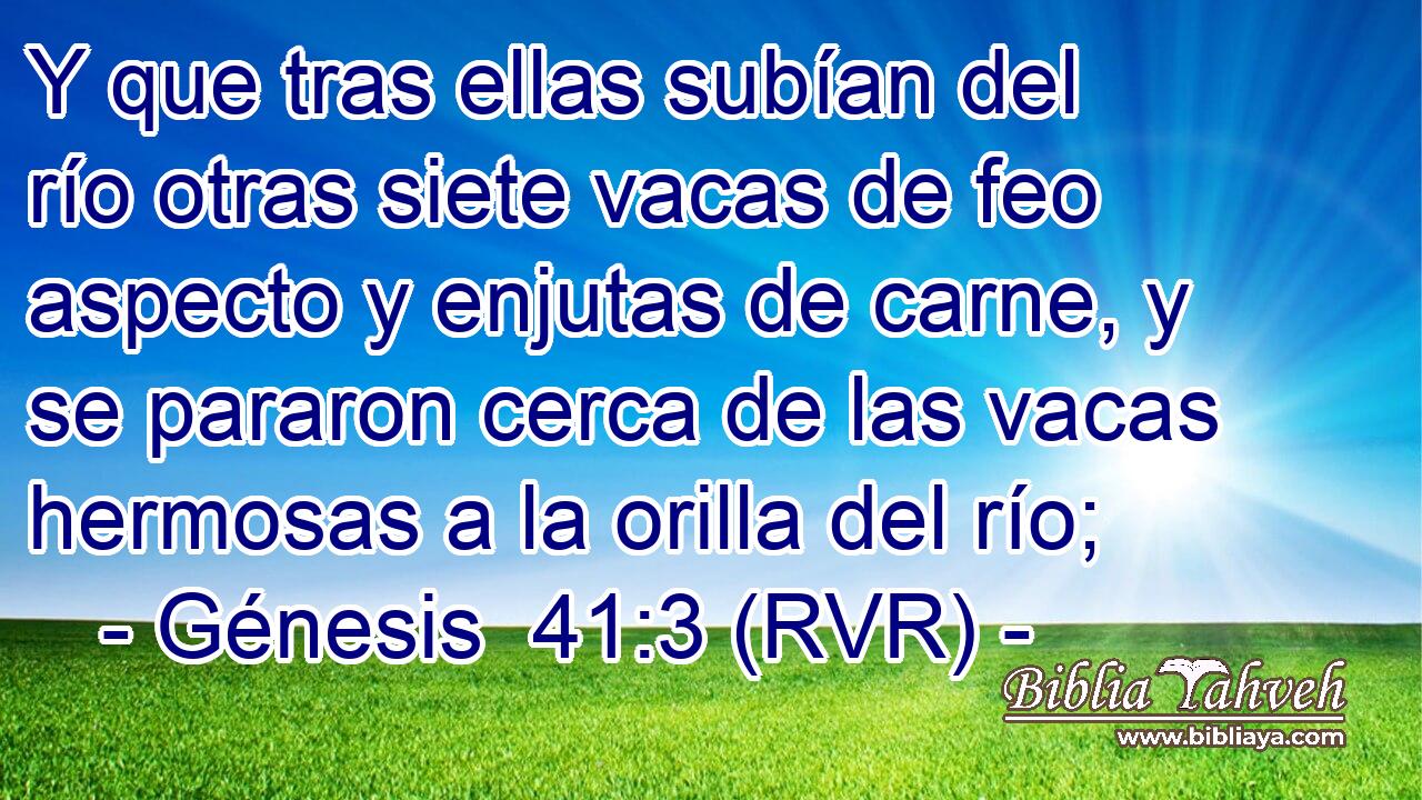 Y que tras ellas subían del río otras siete vacas de feo aspecto y enjutas de carne, y se pararon cerca de las vacas hermosas a la orilla del río;