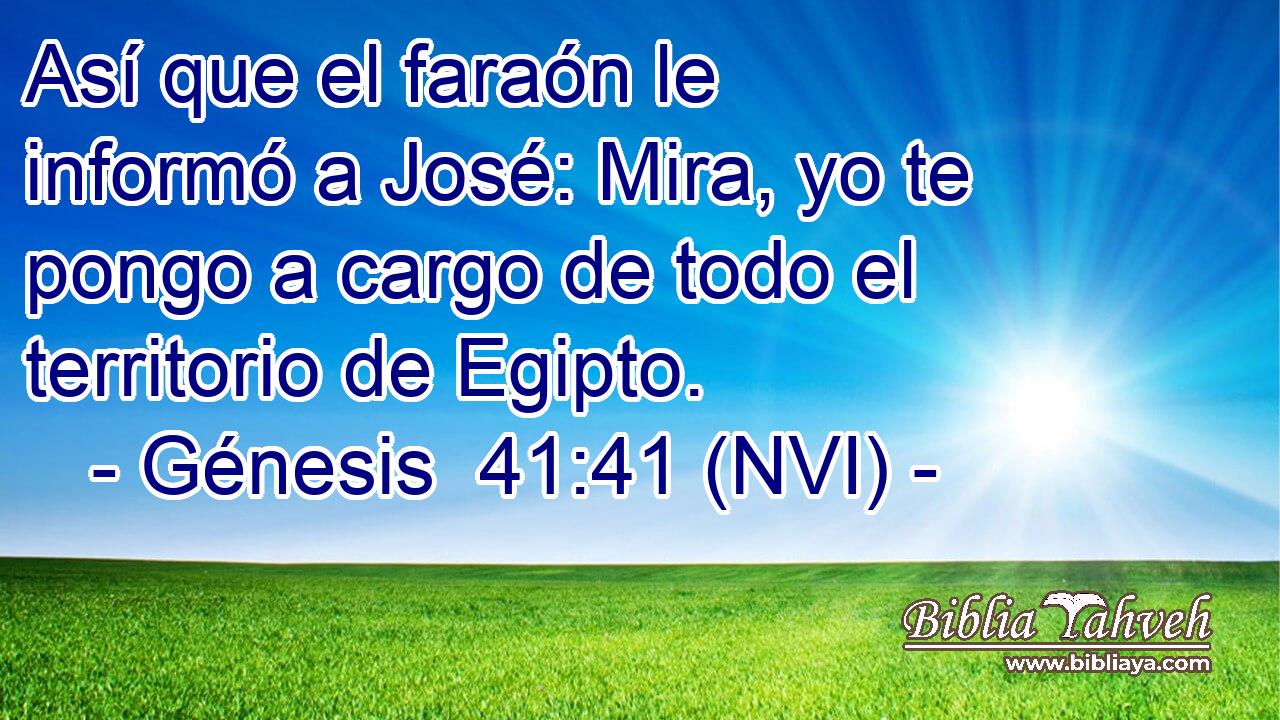  Así que el faraón le informó a José: Mira, yo te pongo a cargo de todo el territorio de Egipto. 