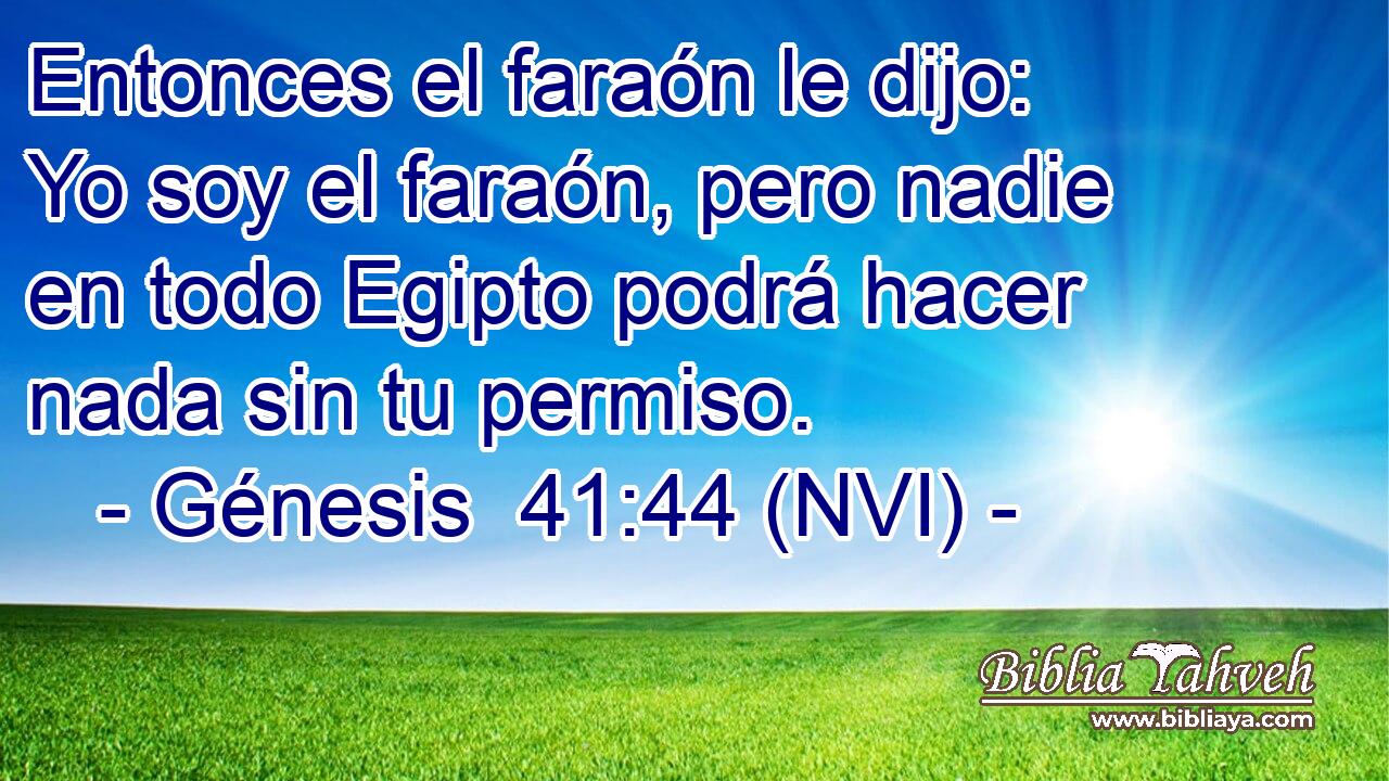  Entonces el faraón le dijo: Yo soy el faraón, pero nadie en todo Egipto podrá hacer nada sin tu permiso. 