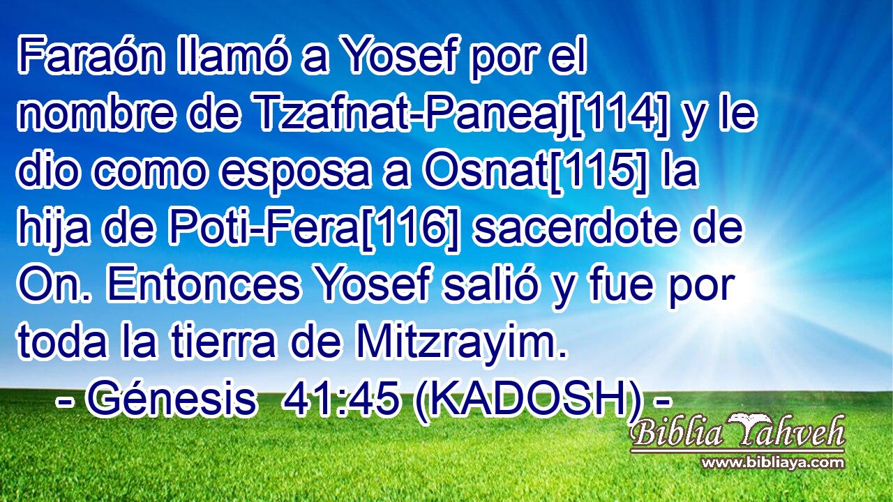 Faraón llamó a Yosef por el nombre de Tzafnat-Paneaj[114] y le dio como esposa a Osnat[115] la hija de Poti-Fera[116] sacerdote de On. Entonces Yosef salió y fue por toda la tierra de Mitzrayim. 