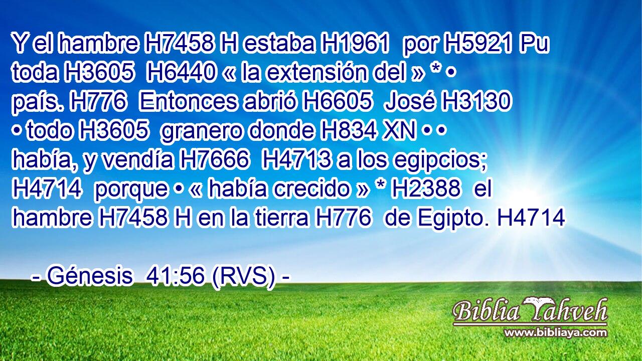 Y el hambre H7458 H estaba H1961  por H5921 Pu toda H3605  H6440 « la extensión del » * • país. H776  Entonces abrió H6605  José H3130  • todo H3605  granero donde H834 XN • • había, y vendía H7666  H4713 a los egipcios; H4714  porque • « había crecido » * H2388  el hambre H7458 H en la tierra H776  de Egipto. H4714  