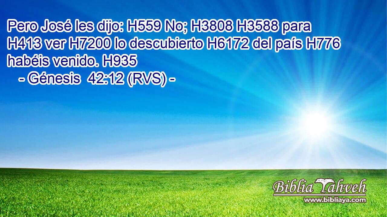 Pero José les dijo: H559 No; H3808 H3588 para H413 ver H7200 lo descubierto H6172 del país H776 habéis venido. H935 