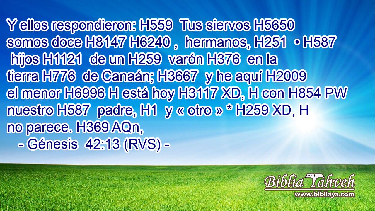 Y ellos respondieron: H559  Tus siervos H5650  somos doce H8147 H6240 ,  hermanos, H251  • H587  hijos H1121  de un H259  varón H376  en la tierra H776  de Canaán; H3667  y he aquí H2009  el menor H6996 H está hoy H3117 XD, H con H854 PW nuestro H587  padre, H1  y « otro » * H259 XD, H no parece. H369 AQn,  