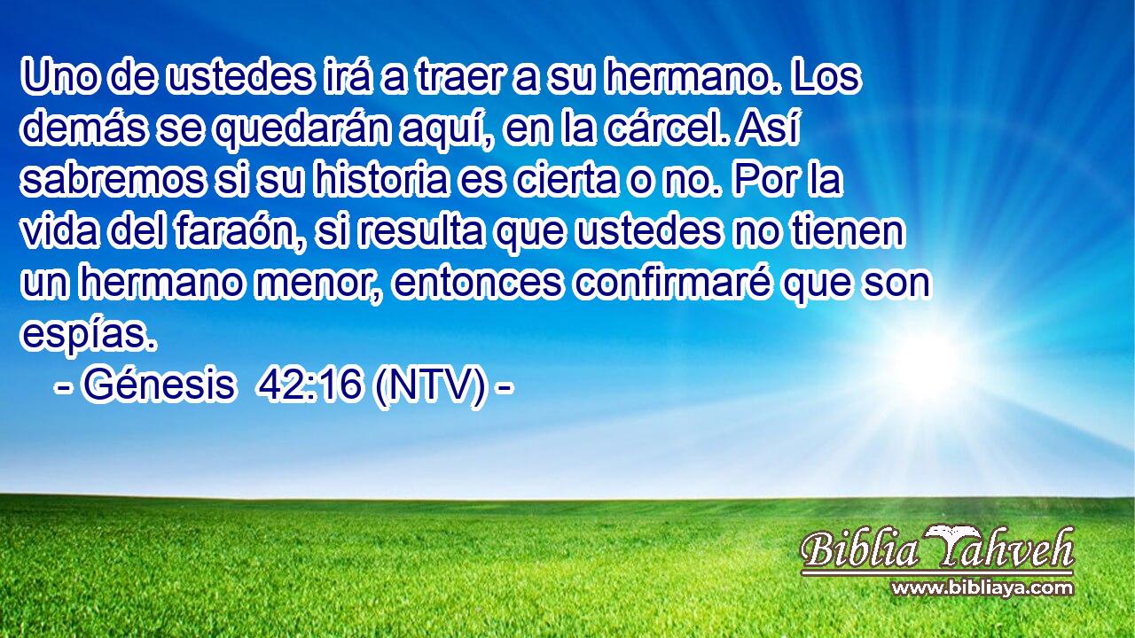 Uno de ustedes irá a traer a su hermano. Los demás se quedarán aquí, en la cárcel. Así sabremos si su historia es cierta o no. Por la vida del faraón, si resulta que ustedes no tienen un hermano menor, entonces confirmaré que son espías.