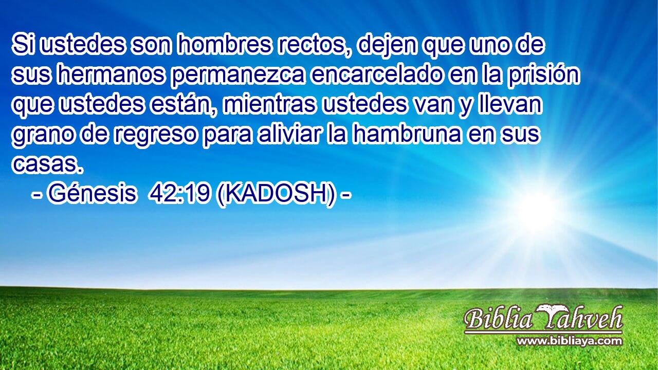  Si ustedes son hombres rectos, dejen que uno de sus hermanos permanezca encarcelado en la prisión que ustedes están, mientras ustedes van y llevan grano de regreso para aliviar la hambruna en sus casas. 