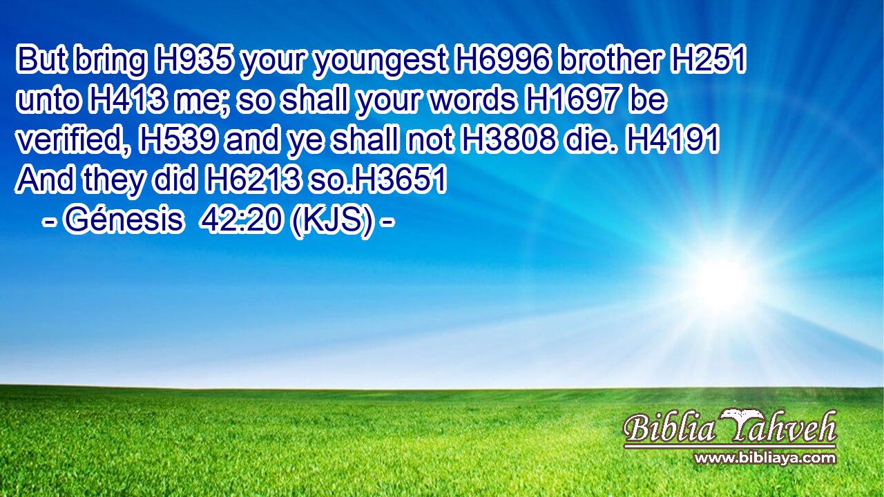 But bring H935 your youngest H6996 brother H251 unto H413 me; so shall your words H1697 be verified, H539 and ye shall not H3808 die. H4191 And they did H6213 so.H3651