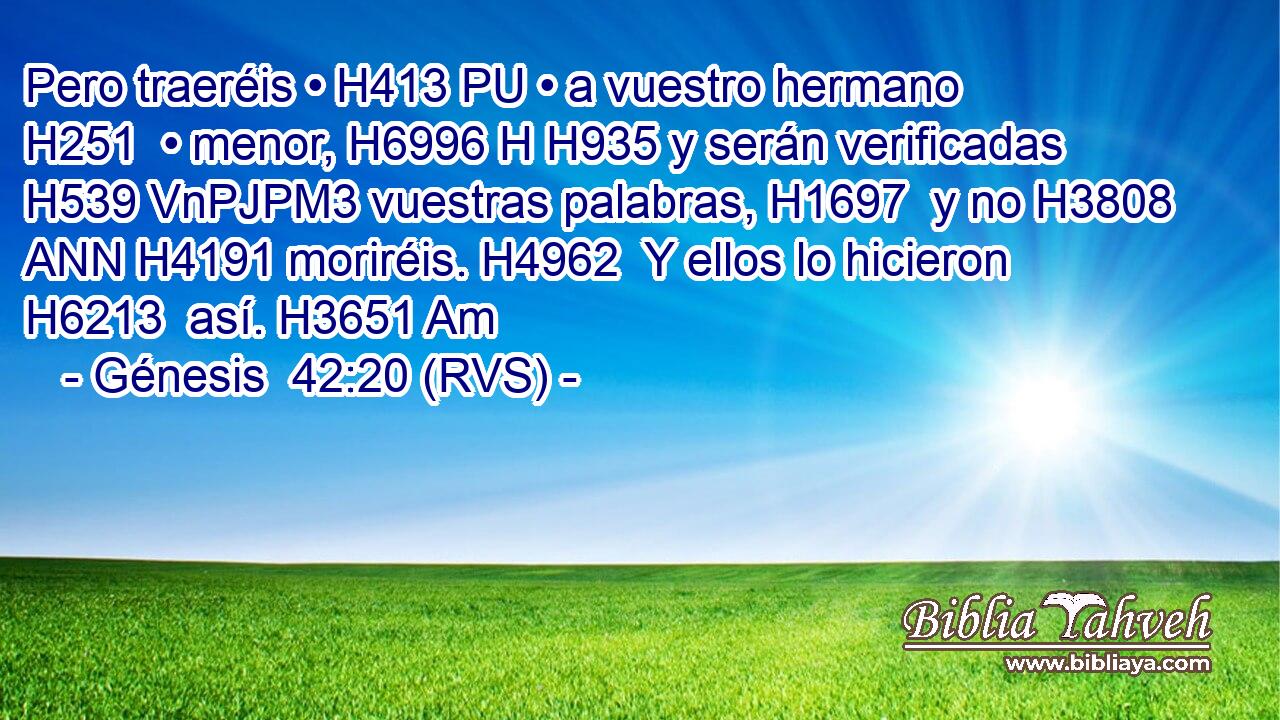 Pero traeréis • H413 PU • a vuestro hermano H251  • menor, H6996 H H935 y serán verificadas H539 VnPJPM3 vuestras palabras, H1697  y no H3808 ANN H4191 moriréis. H4962  Y ellos lo hicieron H6213  así. H3651 Am 