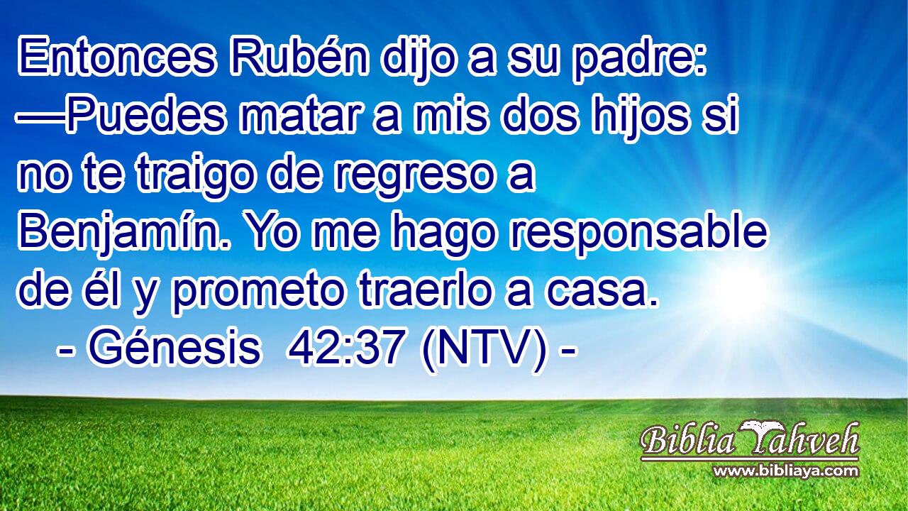 Entonces Rubén dijo a su padre: —Puedes matar a mis dos hijos si no te traigo de regreso a Benjamín. Yo me hago responsable de él y prometo traerlo a casa.