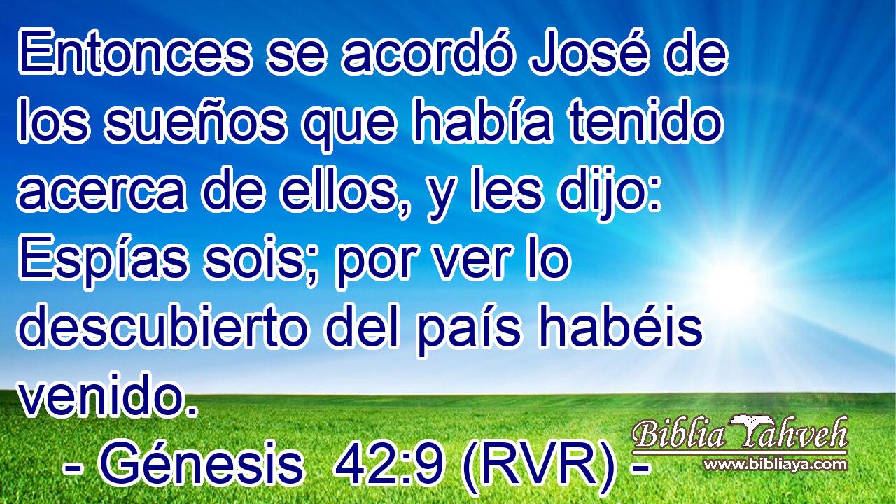 Entonces se acordó José de los sueños que había tenido acerca de ellos, y les dijo: Espías sois; por ver lo descubierto del país habéis venido.