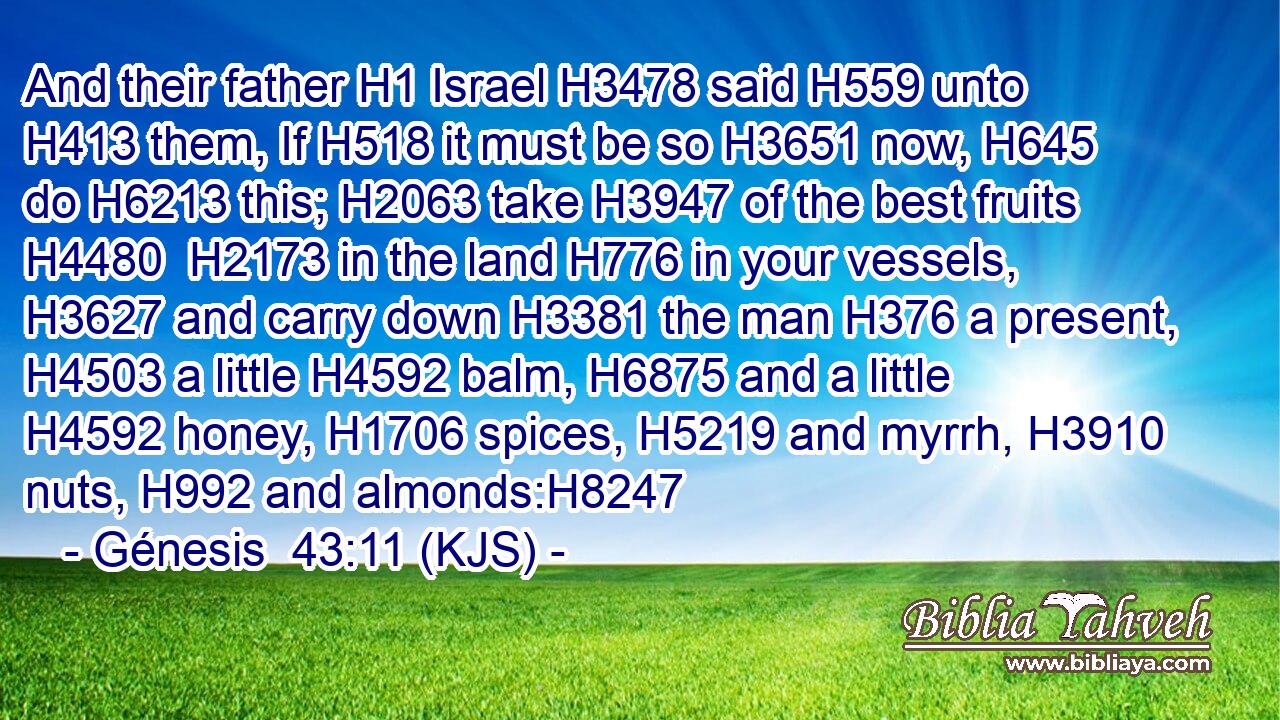 And their father H1 Israel H3478 said H559 unto H413 them, If H518 it must be so H3651 now, H645 do H6213 this; H2063 take H3947 of the best fruits H4480  H2173 in the land H776 in your vessels, H3627 and carry down H3381 the man H376 a present, H4503 a little H4592 balm, H6875 and a little H4592 honey, H1706 spices, H5219 and myrrh, H3910 nuts, H992 and almonds:H8247