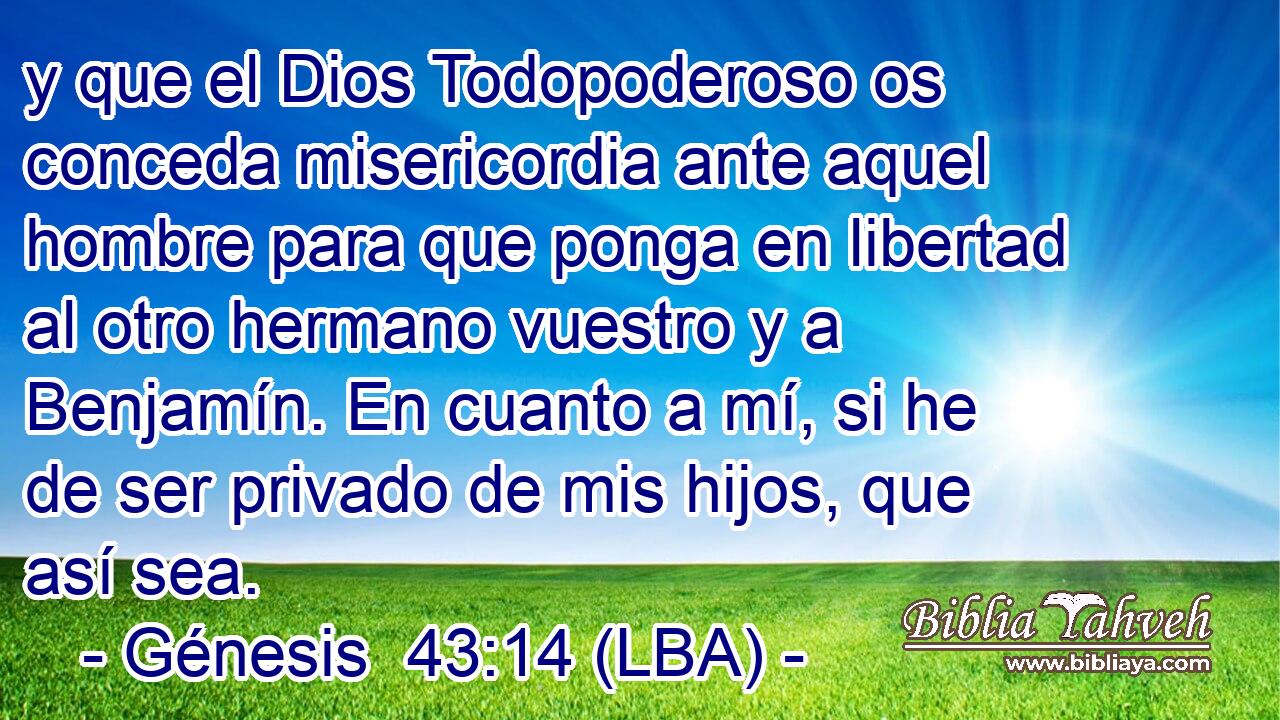 y que el Dios Todopoderoso os conceda misericordia ante aquel hombre para que ponga en libertad al otro hermano vuestro y a Benjamín. En cuanto a mí, si he de ser privado de mis hijos, que así sea.
