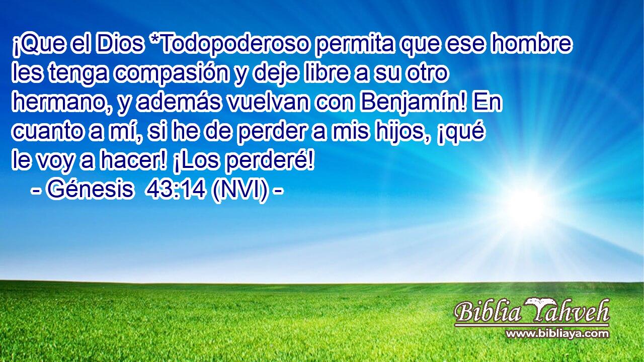  ¡Que el Dios *Todopoderoso permita que ese hombre les tenga compasión y deje libre a su otro hermano, y además vuelvan con Benjamín! En cuanto a mí, si he de perder a mis hijos, ¡qué le voy a hacer! ¡Los perderé! 