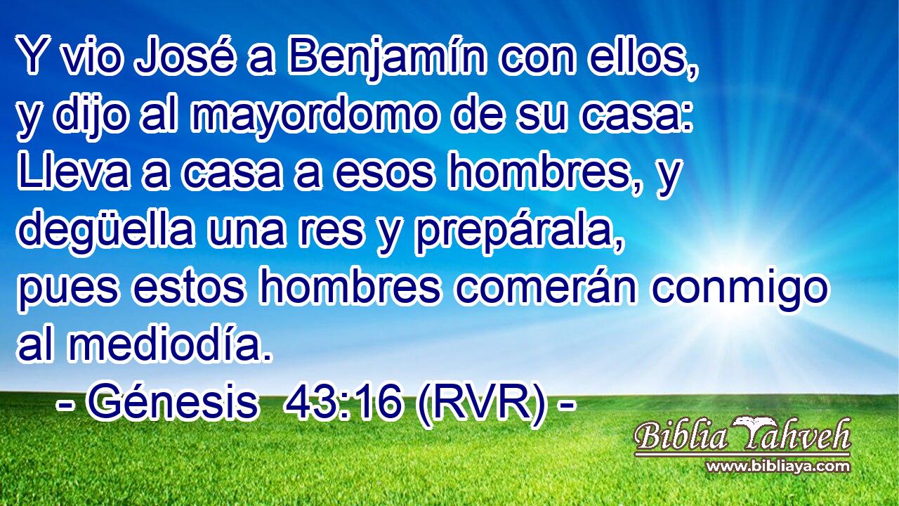 Y vio José a Benjamín con ellos, y dijo al mayordomo de su casa: Lleva a casa a esos hombres, y degüella una res y prepárala, pues estos hombres comerán conmigo al mediodía.