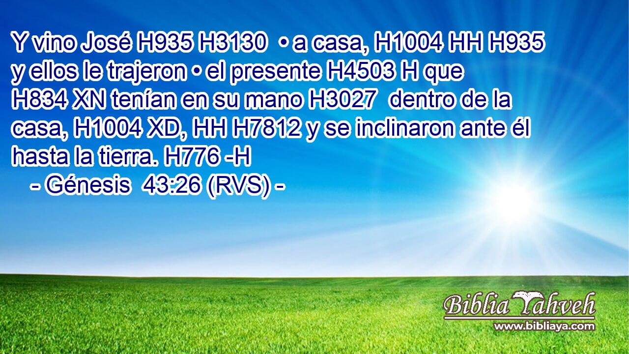 Y vino José H935 H3130  • a casa, H1004 HH H935 y ellos le trajeron • el presente H4503 H que H834 XN tenían en su mano H3027  dentro de la casa, H1004 XD, HH H7812 y se inclinaron ante él hasta la tierra. H776 -H 
