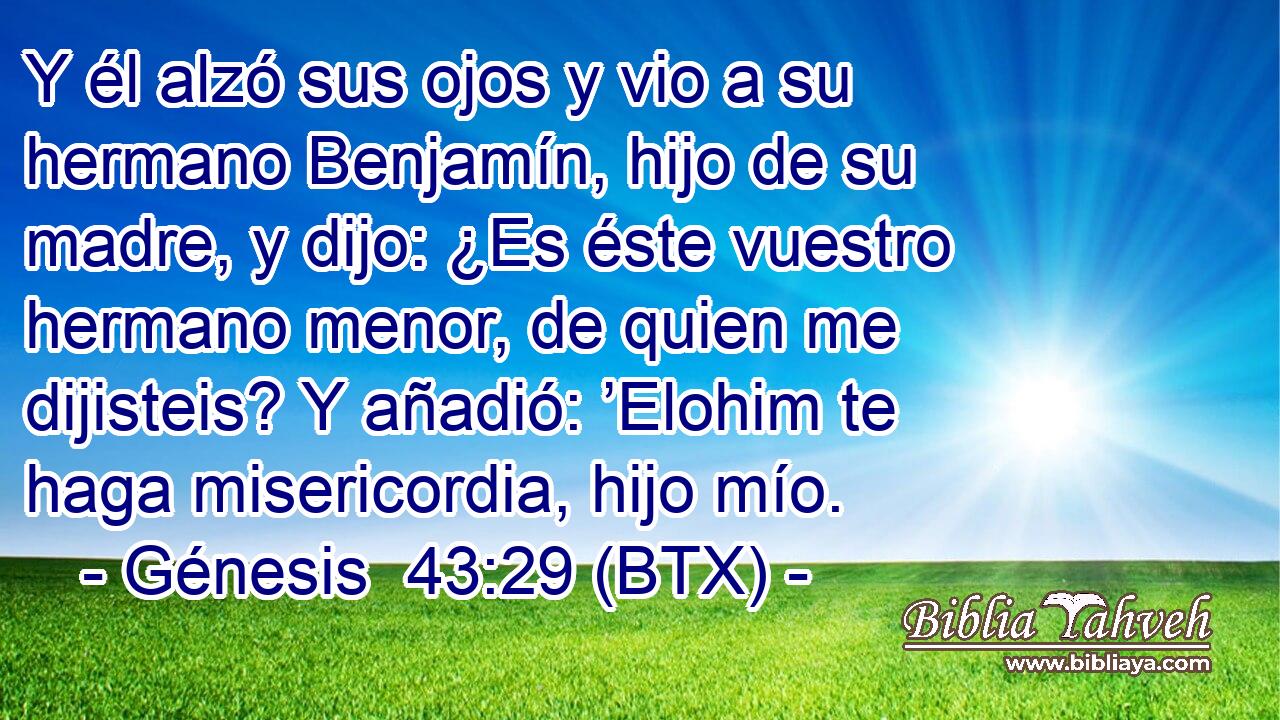 Y él alzó sus ojos y vio a su hermano Benjamín, hijo de su madre, y dijo: ¿Es éste vuestro hermano menor, de quien me dijisteis? Y añadió: ’Elohim te haga misericordia, hijo mío.