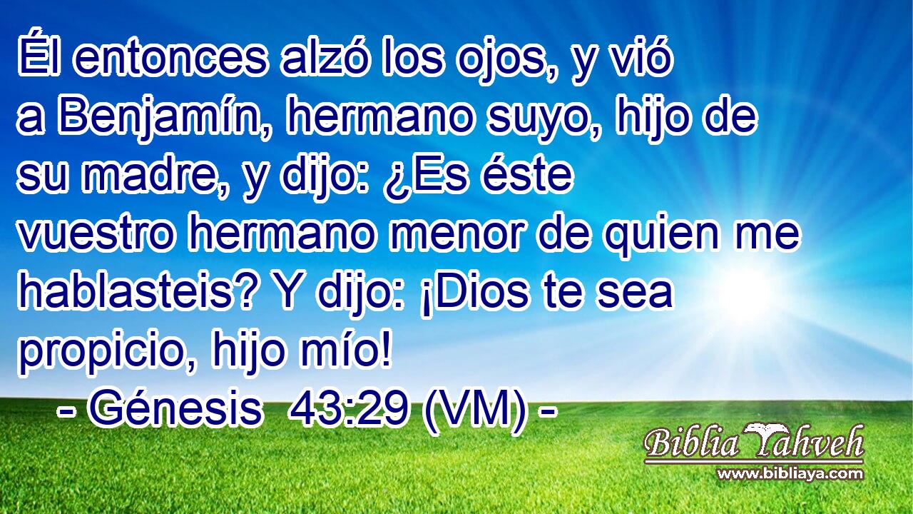  Él entonces alzó los ojos, y vió a Benjamín, hermano suyo, hijo de su madre, y dijo: ¿Es éste vuestro hermano menor de quien me hablasteis? Y dijo: ¡Dios te sea propicio, hijo mío! 