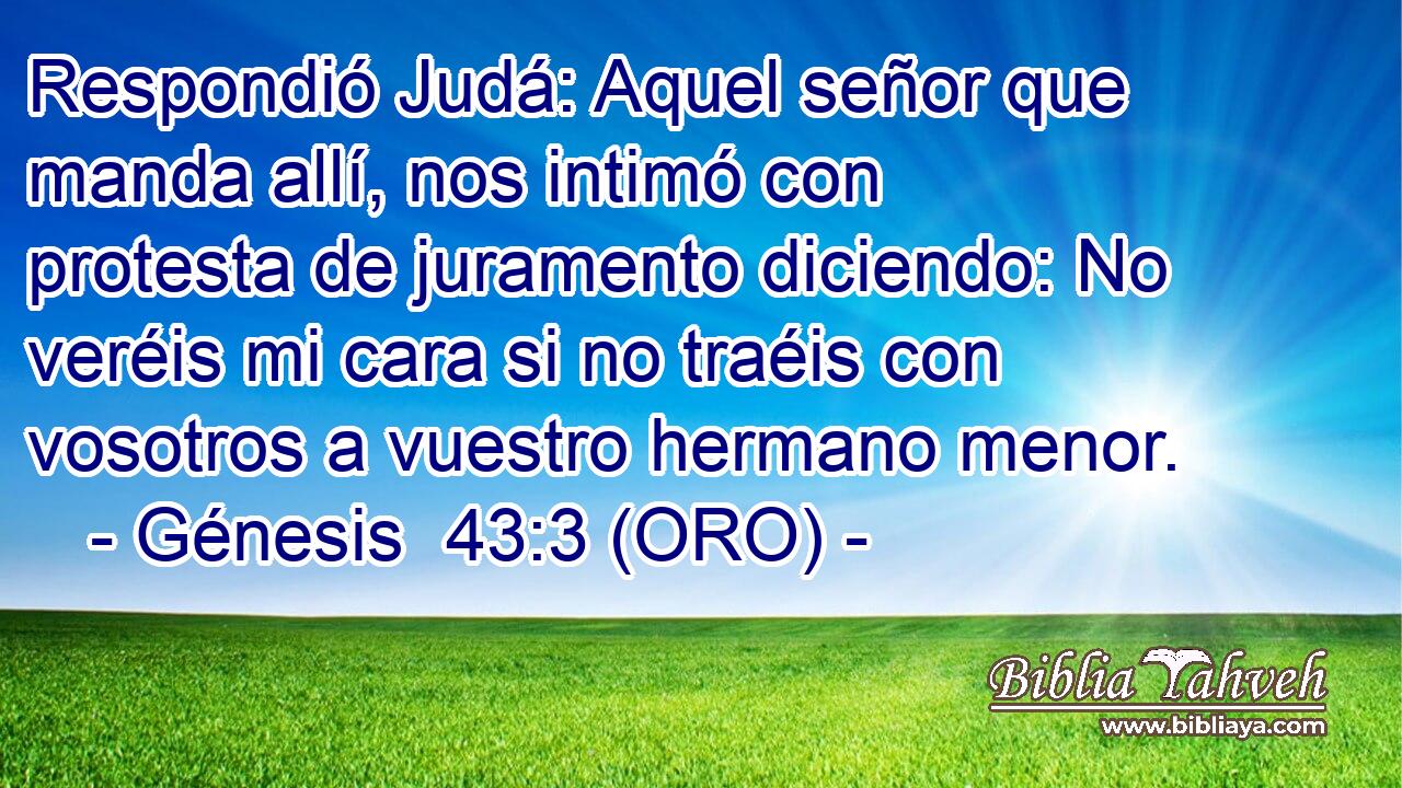  Respondió Judá: Aquel señor que manda allí, nos intimó con protesta de juramento diciendo: No veréis mi cara si no traéis con vosotros a vuestro hermano menor. 