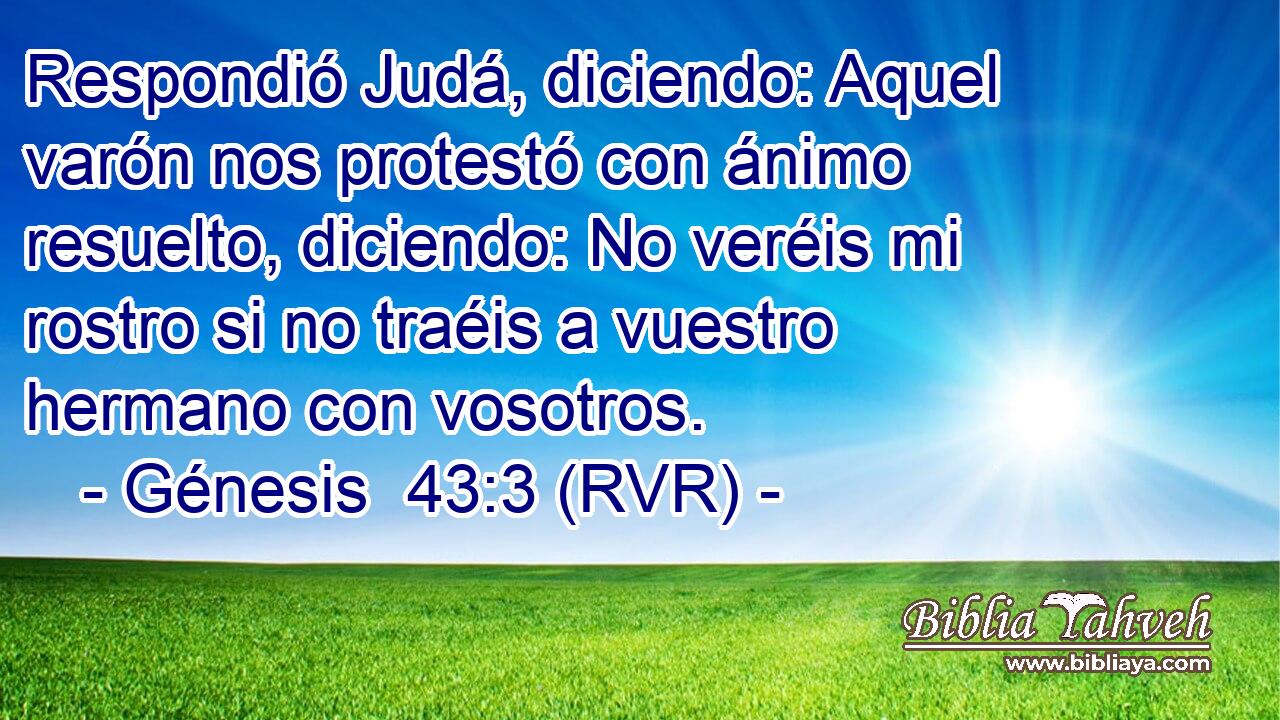 Respondió Judá, diciendo: Aquel varón nos protestó con ánimo resuelto, diciendo: No veréis mi rostro si no traéis a vuestro hermano con vosotros.